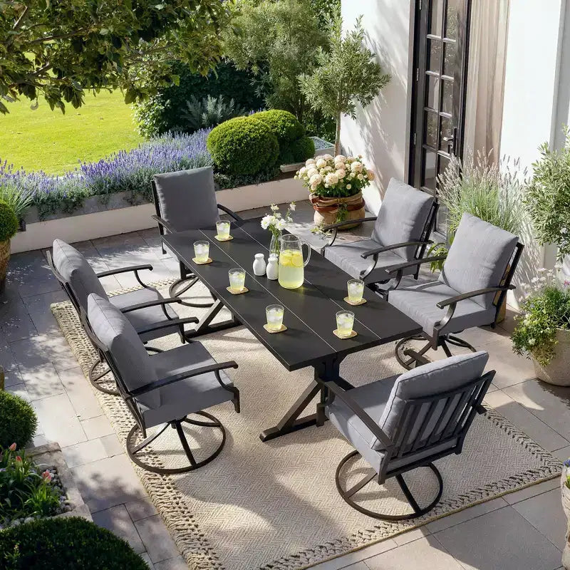 ALAULM 7PCS Patio Dining Set,Outdoor Metal Patio Furniture Set w/6 Swivel Rocking Chairs&Large Metal Table w/Umbrella Cutout for Garden,Backyard