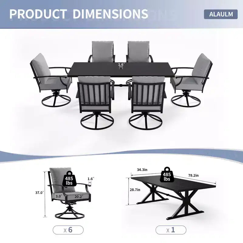 ALAULM 7PCS Patio Dining Set,Outdoor Metal Patio Furniture Set w/6 Swivel Rocking Chairs&Large Metal Table w/Umbrella Cutout for Garden,Backyard