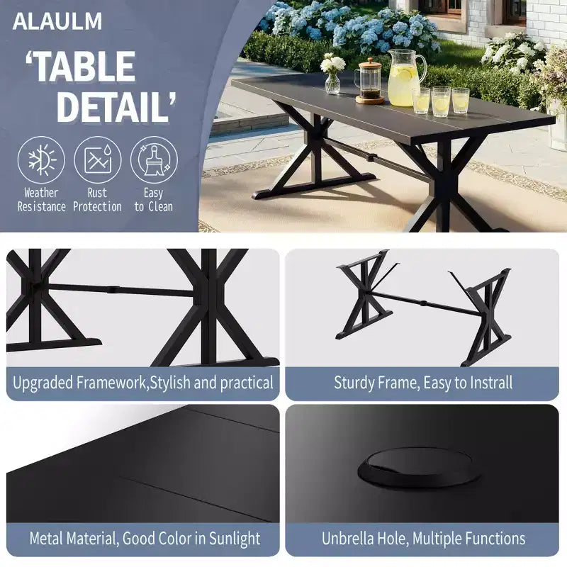 ALAULM 7PCS Patio Dining Set,Outdoor Metal Patio Furniture Set w/6 Swivel Rocking Chairs&Large Metal Table w/Umbrella Cutout for Garden,Backyard