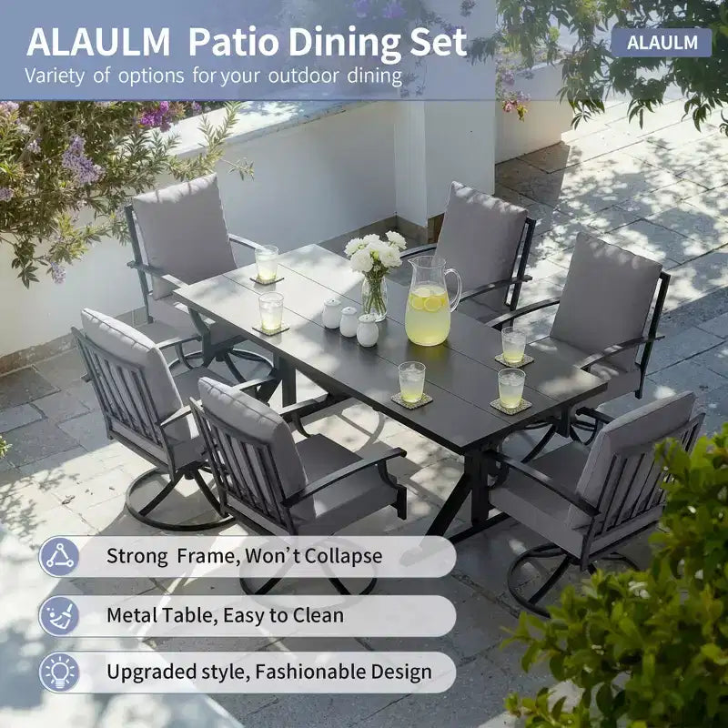 ALAULM 7PCS Patio Dining Set,Outdoor Metal Patio Furniture Set w/6 Swivel Rocking Chairs&Large Metal Table w/Umbrella Cutout for Garden,Backyard