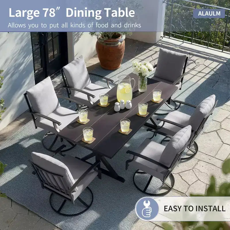 ALAULM 7PCS Patio Dining Set,Outdoor Metal Patio Furniture Set w/6 Swivel Rocking Chairs&Large Metal Table w/Umbrella Cutout for Garden,Backyard