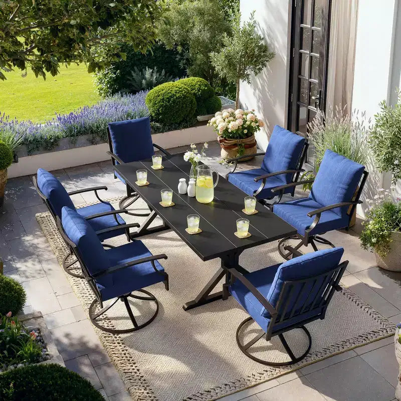 ALAULM 7PCS Patio Dining Set,Outdoor Metal Patio Furniture Set w/6 Swivel Rocking Chairs&Large Metal Table w/Umbrella Cutout for Garden,Backyard