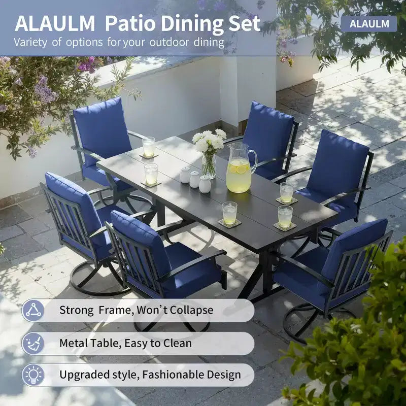 ALAULM 7PCS Patio Dining Set,Outdoor Metal Patio Furniture Set w/6 Swivel Rocking Chairs&Large Metal Table w/Umbrella Cutout for Garden,Backyard