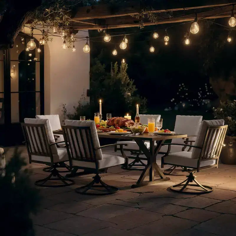 ALAULM 7PCS Patio Dining Set,Outdoor Metal Patio Furniture Set w/6 Swivel Rocking Chairs&Large Metal Table w/Umbrella Cutout for Garden,Backyard