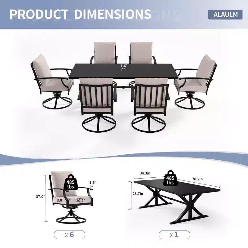 ALAULM 7PCS Patio Dining Set,Outdoor Metal Patio Furniture Set w/6 Swivel Rocking Chairs&Large Metal Table w/Umbrella Cutout for Garden,Backyard
