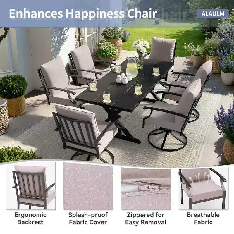 ALAULM 7PCS Patio Dining Set,Outdoor Metal Patio Furniture Set w/6 Swivel Rocking Chairs&Large Metal Table w/Umbrella Cutout for Garden,Backyard