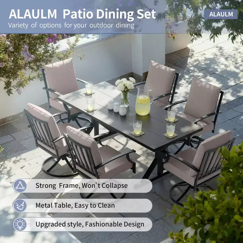 ALAULM 7PCS Patio Dining Set,Outdoor Metal Patio Furniture Set w/6 Swivel Rocking Chairs&Large Metal Table w/Umbrella Cutout for Garden,Backyard