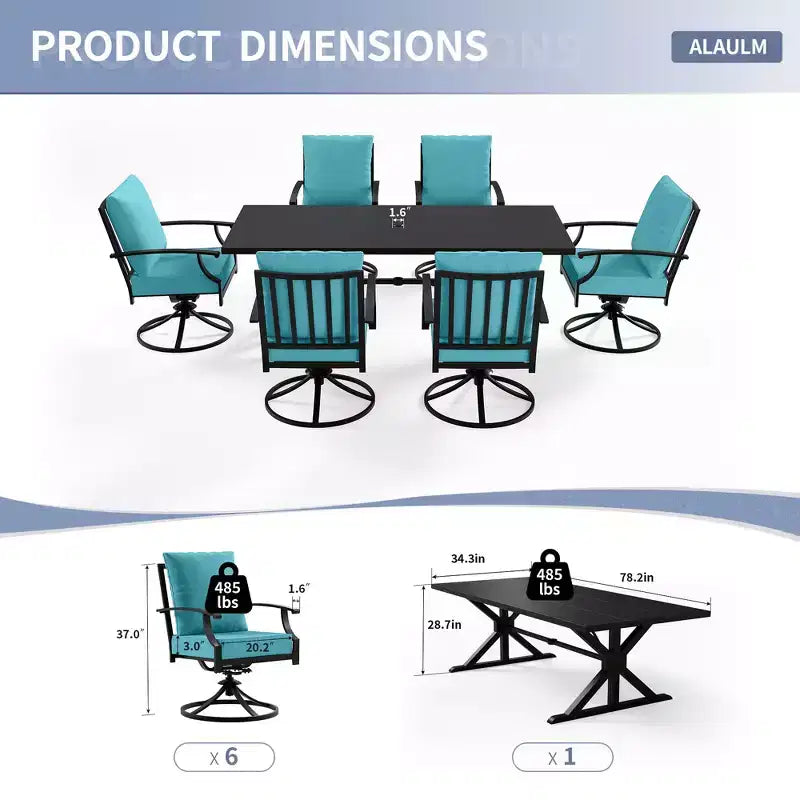 ALAULM 7PCS Patio Dining Set,Outdoor Metal Patio Furniture Set w/6 Swivel Rocking Chairs&Large Metal Table w/Umbrella Cutout for Garden,Backyard