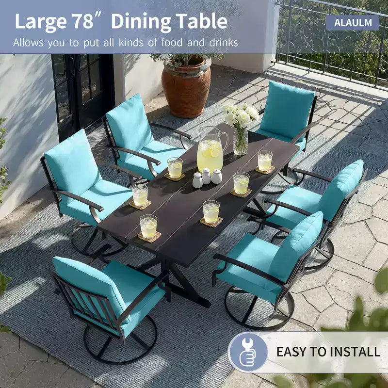 ALAULM 7PCS Patio Dining Set,Outdoor Metal Patio Furniture Set w/6 Swivel Rocking Chairs&Large Metal Table w/Umbrella Cutout for Garden,Backyard