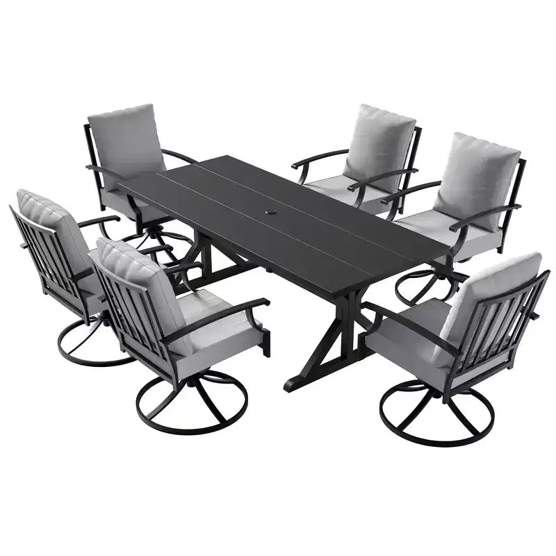 ALAULM 7PCS Patio Dining Set,Outdoor Metal Patio Furniture Set w/6 Swivel Rocking Chairs&Large Metal Table w/Umbrella Cutout for Garden,Backyard