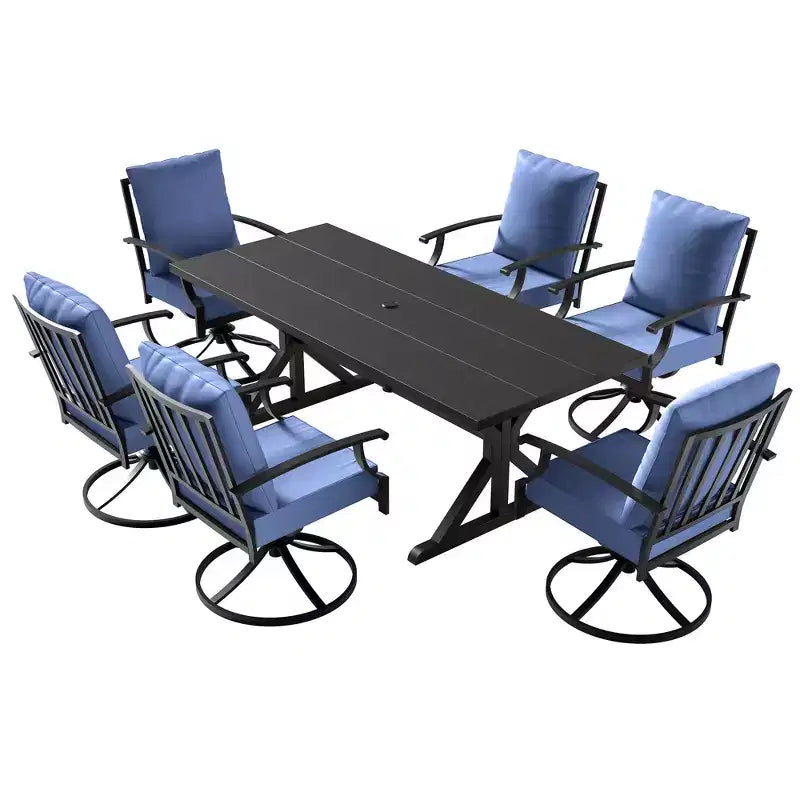 ALAULM 7PCS Patio Dining Set,Outdoor Metal Patio Furniture Set w/6 Swivel Rocking Chairs&Large Metal Table w/Umbrella Cutout for Garden,Backyard