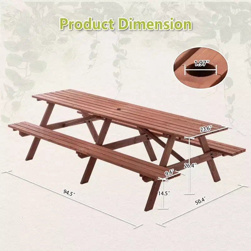 GDFStudio Everfield Outdoor 95-Inch Wooden Picnic Table Set with Built-in Benches and Umbrella Hole