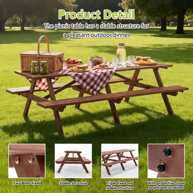 GDFStudio Everfield Outdoor 95-Inch Wooden Picnic Table Set with Built-in Benches and Umbrella Hole