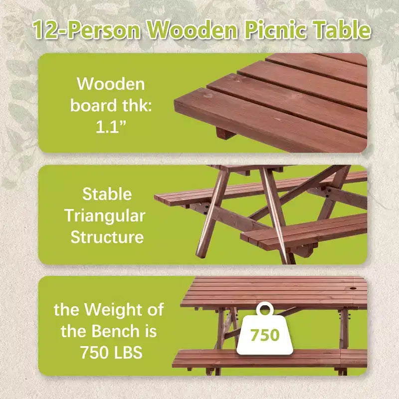 GDFStudio Everfield Outdoor 95-Inch Wooden Picnic Table Set with Built-in Benches and Umbrella Hole