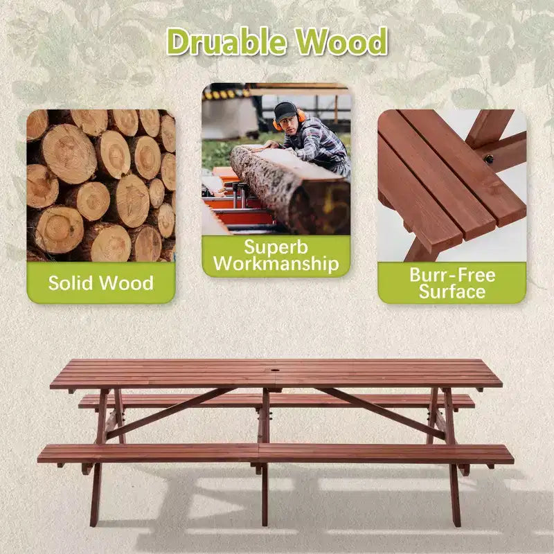 GDFStudio Everfield Outdoor 95-Inch Wooden Picnic Table Set with Built-in Benches and Umbrella Hole