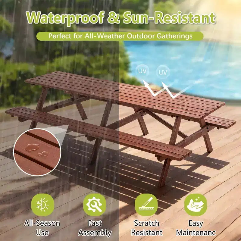 GDFStudio Everfield Outdoor 95-Inch Wooden Picnic Table Set with Built-in Benches and Umbrella Hole