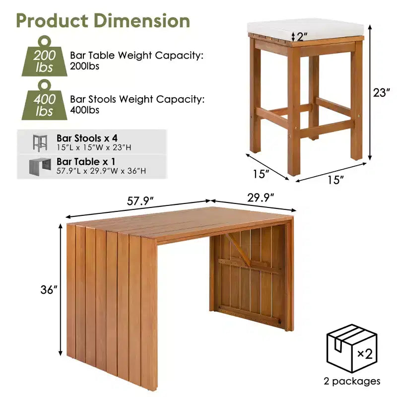 ModernLuxe 5-Piece Outdoor Acacia Wood Patio Bar Set, Bar Height Table with 4 Stools & Beige Cushions for Backyard/Poolside, Natural