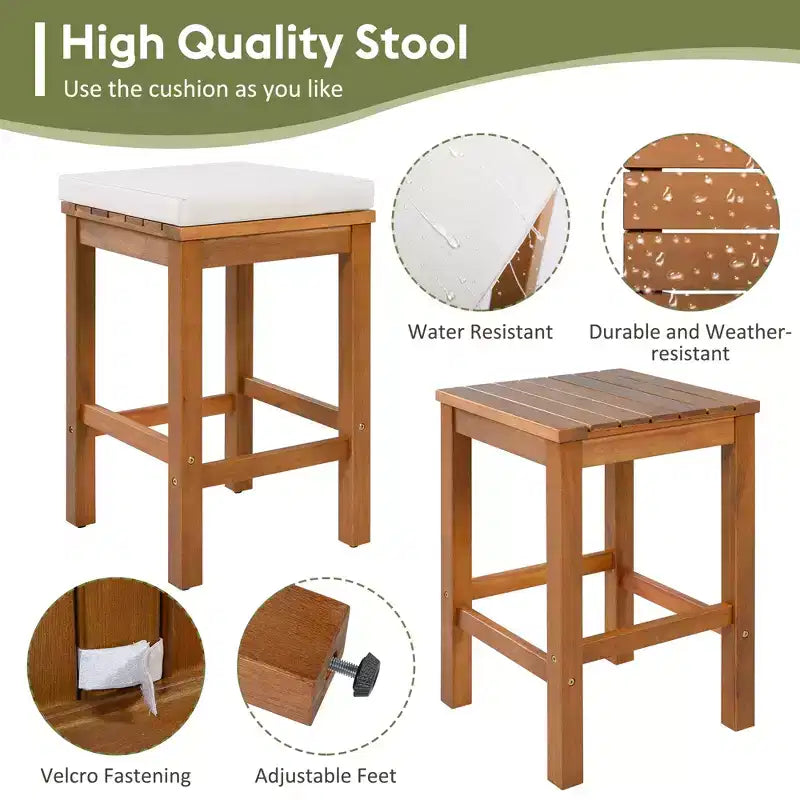 ModernLuxe 5-Piece Outdoor Acacia Wood Patio Bar Set, Bar Height Table with 4 Stools & Beige Cushions for Backyard/Poolside, Natural