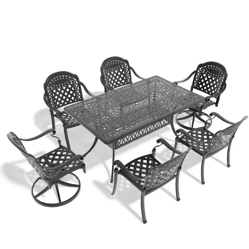 7-Piece Cast Aluminum Patio Dining Set, Rectangular Table with Cushions
