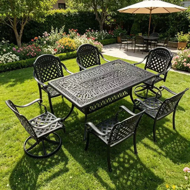 7-Piece Cast Aluminum Patio Dining Set, Rectangular Table with Cushions