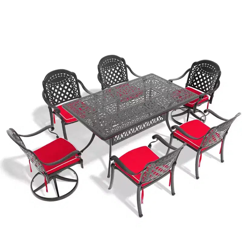 7-Piece Cast Aluminum Patio Dining Set, Rectangular Table with Cushions