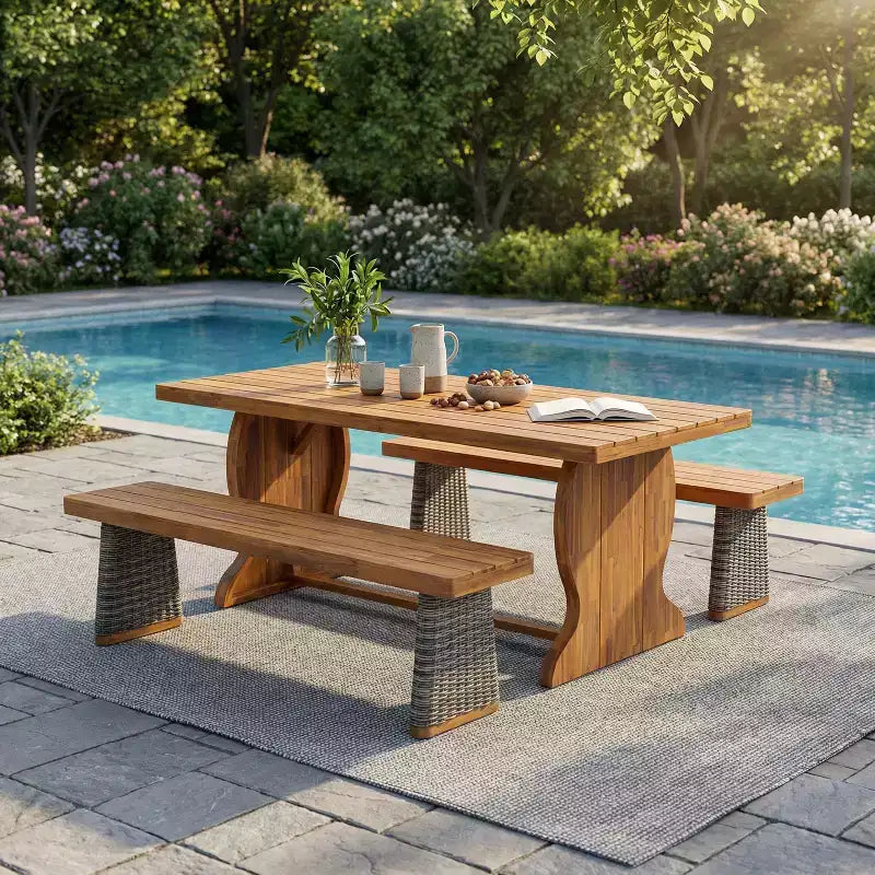 Christopher Knight Home Clara Rustic 3 Piece Acacia Patio Dining Set with Rattan Weave Benches