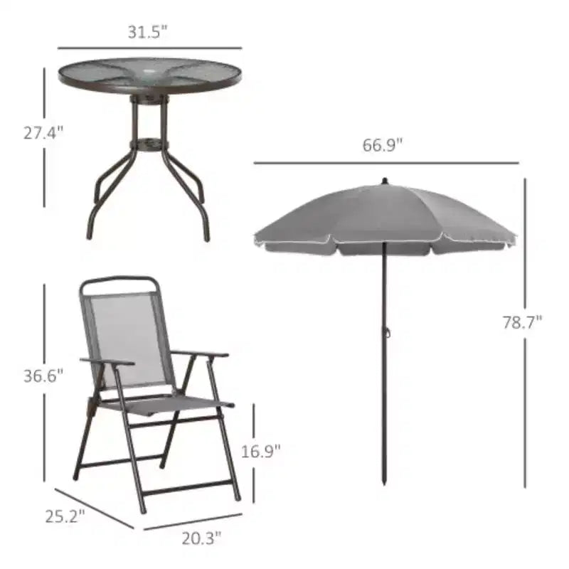 6 Piece Patio Dining Set for 4 with Umbrella/ Outdoor Set with 4 Folding Dining Chairs and Round Glass Table for Garden Backyard and Poolside - Gray