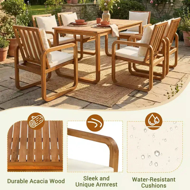 GDFStudio Camille 7-Piece Acacia Wood Patio Dining Set with Cushions
