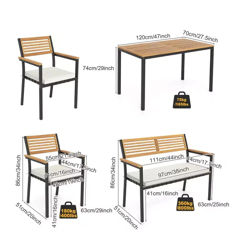 Gymax 4 PC Patio Furniture Set w/ Acacia Wood Table & Umbrella Hole 2 Stackable Chairs Bench Comfortable Cushions