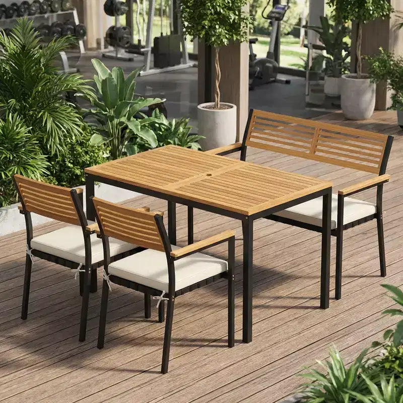 Gymax 4 PC Patio Furniture Set w/ Acacia Wood Table & Umbrella Hole 2 Stackable Chairs Bench Comfortable Cushions