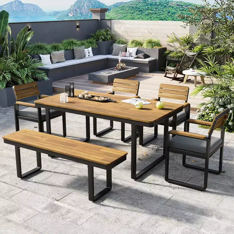GDFStudio Elvira Patio Modern 6-Piece Acacia Wood Dining Set with Table, 4 Cushioned Chairs and Bench