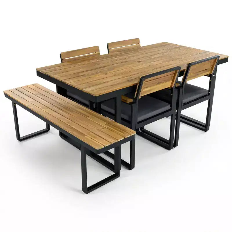 GDFStudio Elvira Patio Modern 6-Piece Acacia Wood Dining Set with Table, 4 Cushioned Chairs and Bench