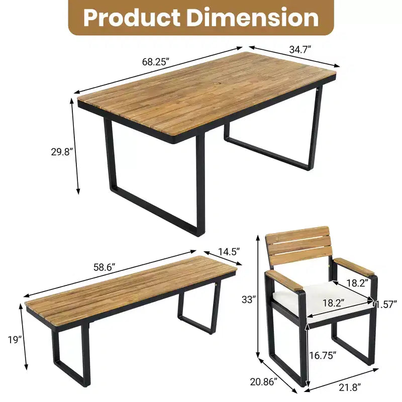 GDFStudio Elvira Patio Modern 6-Piece Acacia Wood Dining Set with Table, 4 Cushioned Chairs and Bench