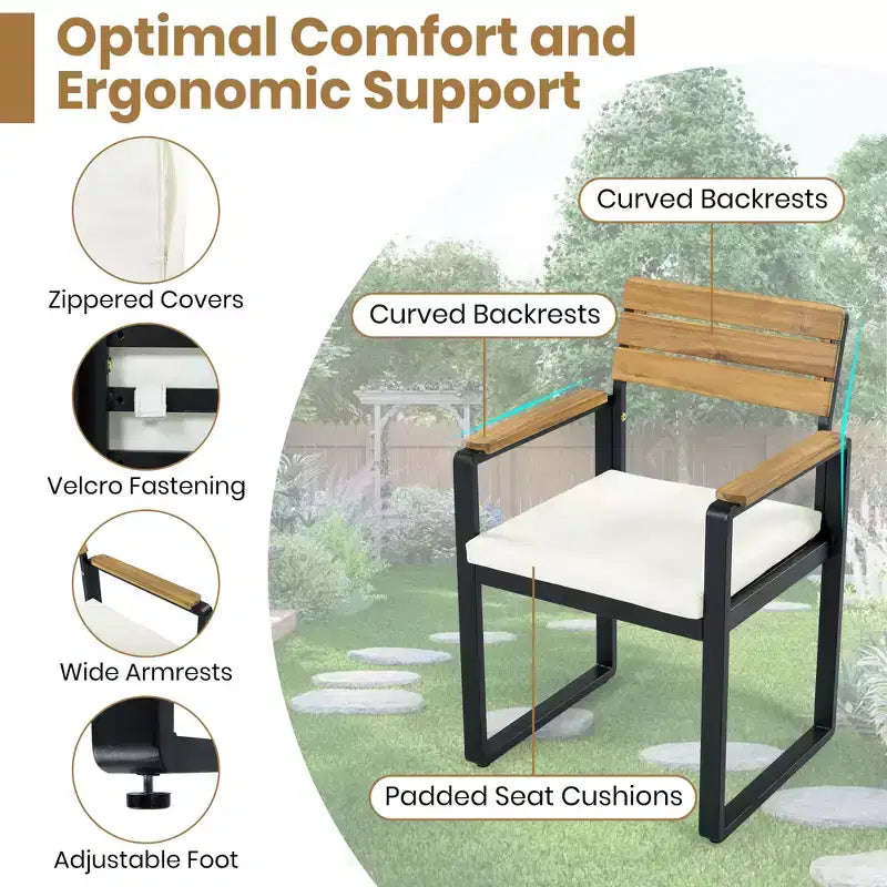 GDFStudio Elvira Patio Modern 6-Piece Acacia Wood Dining Set with Table, 4 Cushioned Chairs and Bench