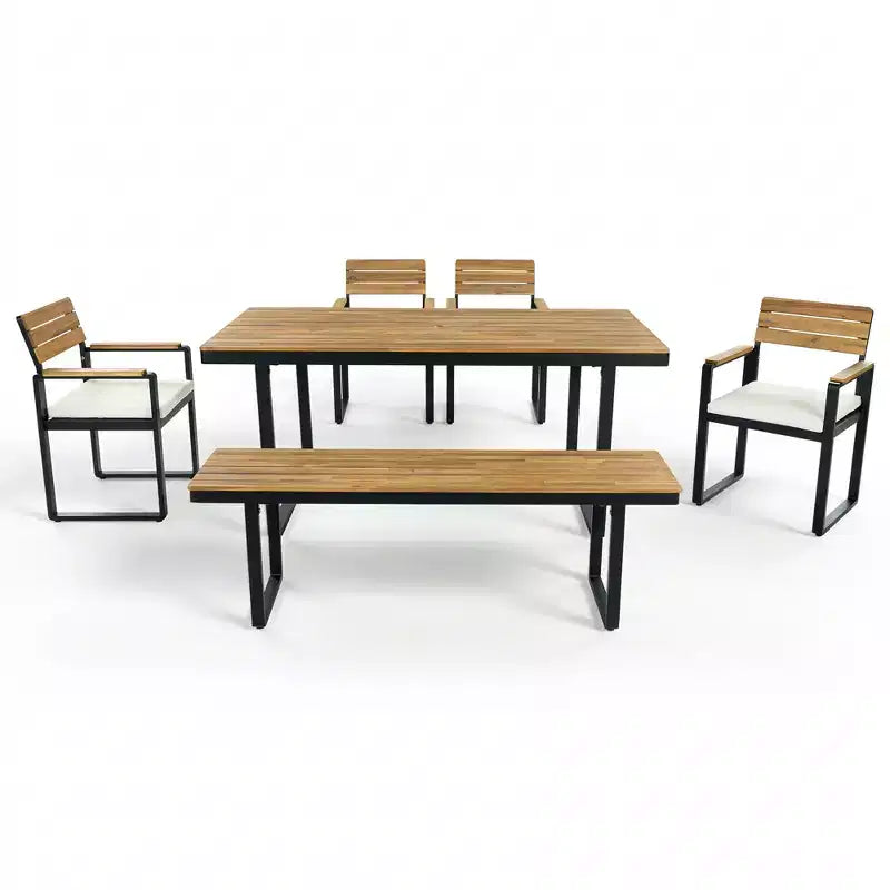 GDFStudio Elvira Patio Modern 6-Piece Acacia Wood Dining Set with Table, 4 Cushioned Chairs and Bench