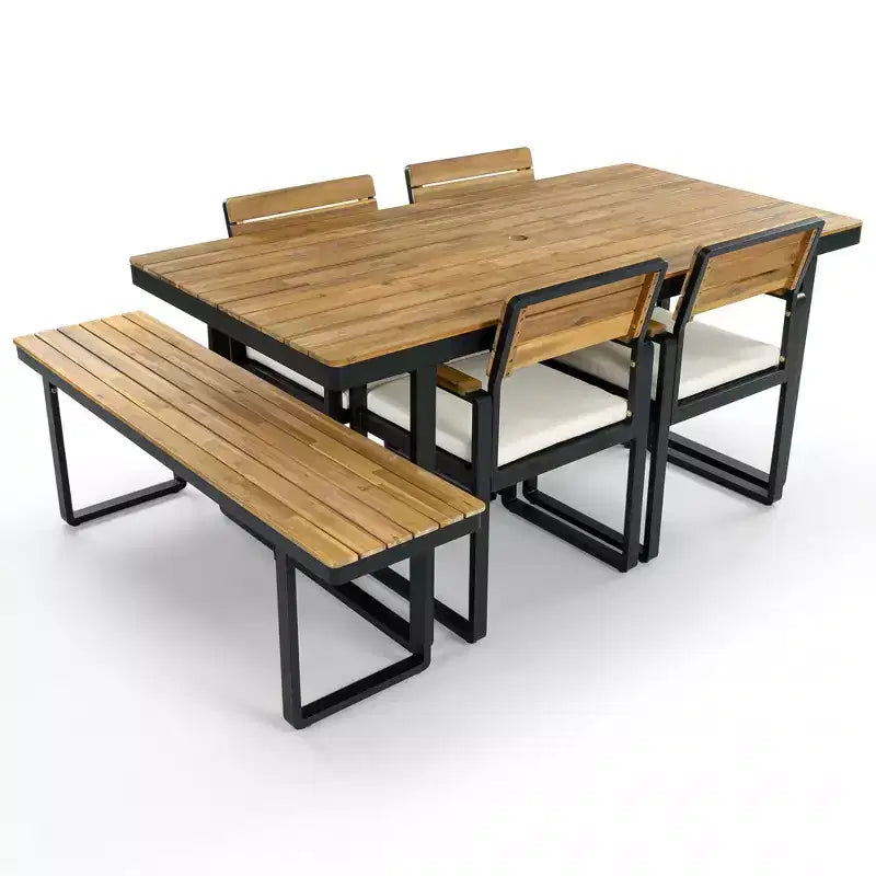 GDFStudio Elvira Patio Modern 6-Piece Acacia Wood Dining Set with Table, 4 Cushioned Chairs and Bench