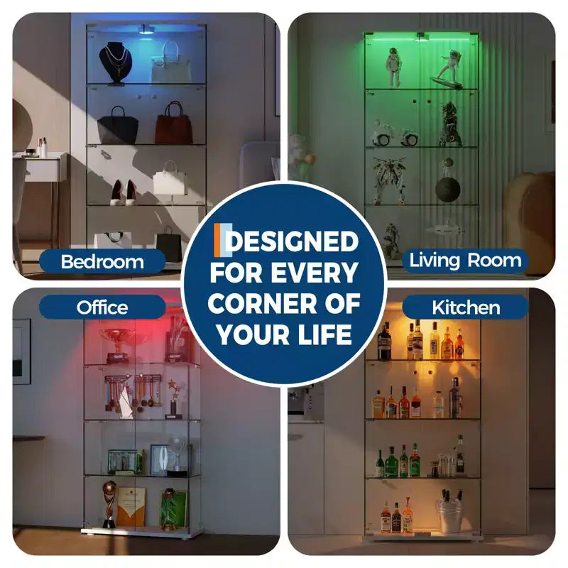 4-Tier Tempered Glass Display Cabinet, Full-Glass Curio Case with LED Lights & Human Body Sensor, Storage Cabinet for Collectibles & Decor
