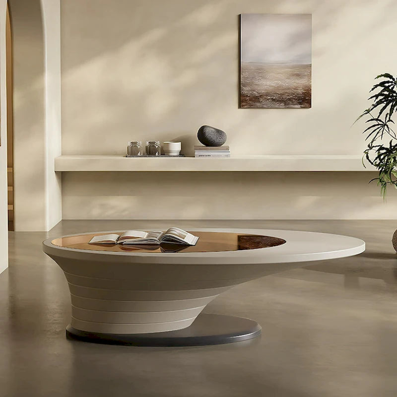 Table basse ovale en verre, style moderne et minimaliste, base grise, 130 cm - L 130 cm l 65 cm H 36,5 cm