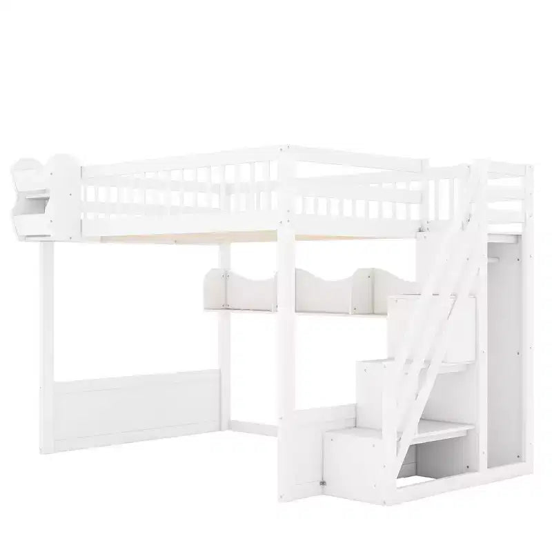 Queen Loft Bed Frame with Staircase, Wardrobe & Storage Shelves - MDF, 650 lb