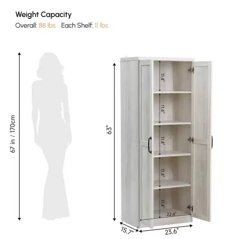 63 2-Door Kitchen Pantry, Freestanding Storage Cabinet with 5-tier Shelving and 2 Adjustable Shelves for Dining Room