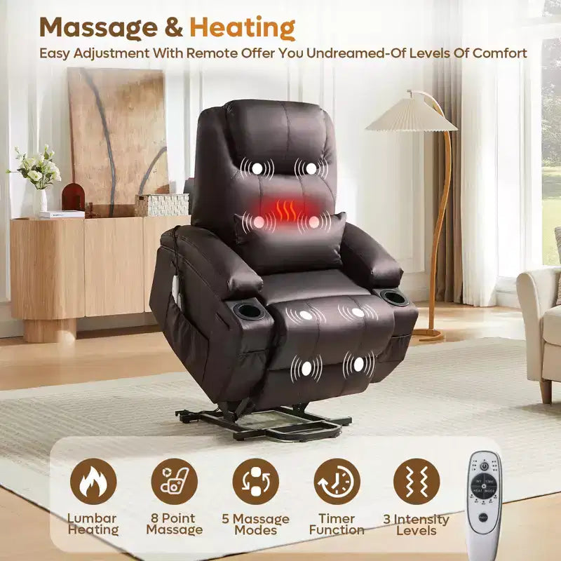Bestier 34.6 Electric Power Lift Asist Recliner Chair with Massage and Heat, Fax Leather Reclining Chair with Side Pockets & Cup Holders