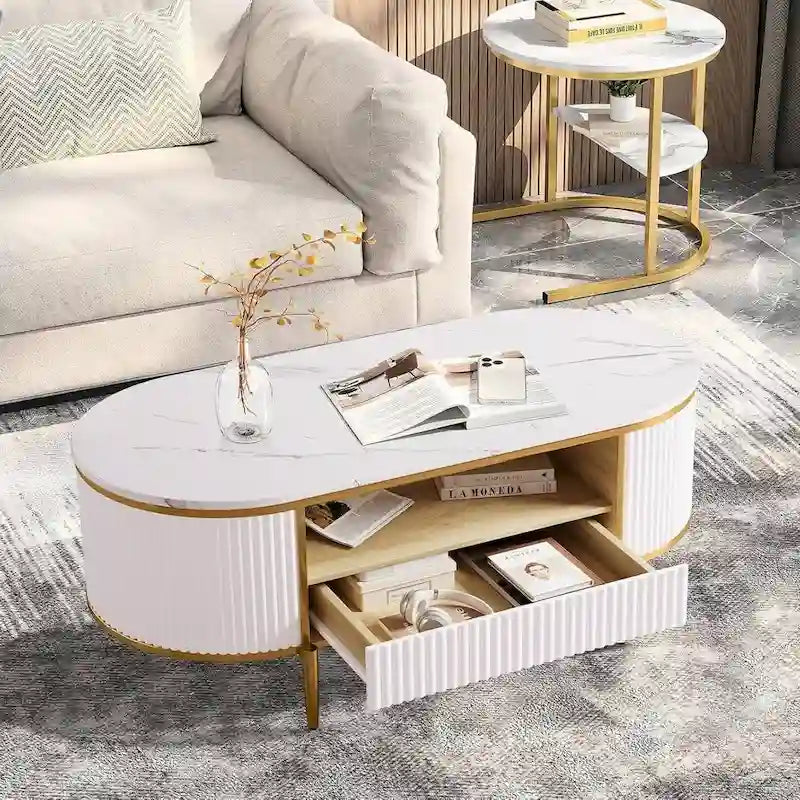 Mesa de centro ovalada blanca con cajones – Estilo de panel estriado