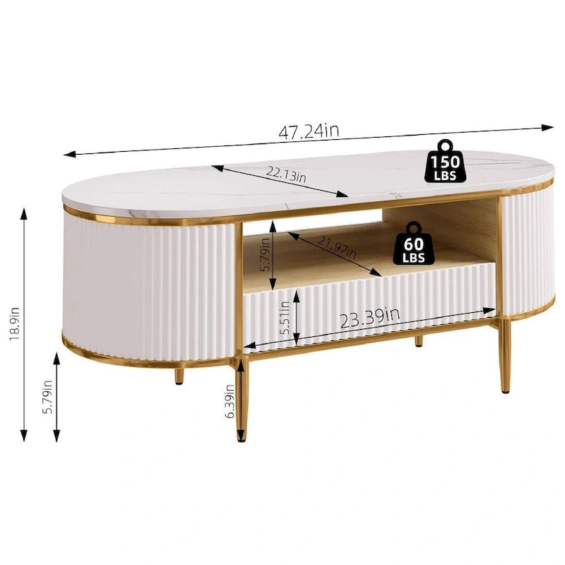 Mesa de centro ovalada blanca con cajones – Estilo de panel estriado