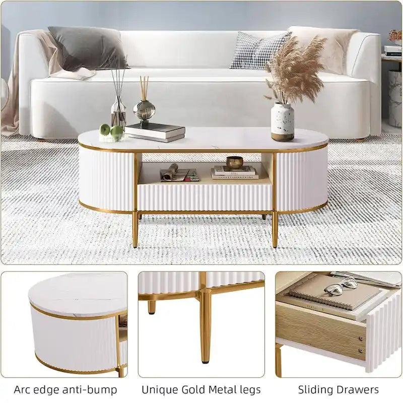Mesa de centro ovalada blanca con cajones – Estilo de panel estriado