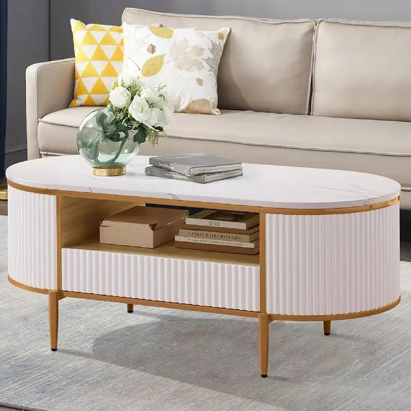Mesa de centro ovalada blanca con cajones – Estilo de panel estriado