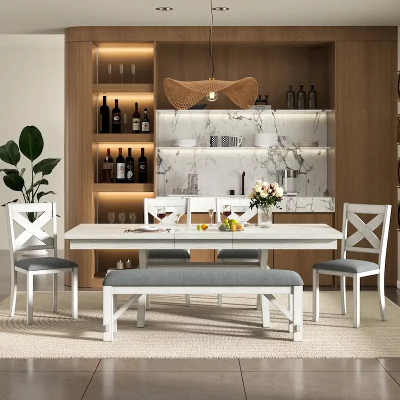 VECELO Juego de Mesa de Comedor con Banco, Mesa de Comedor Rectangular Extensible de Madera Maciza y 4 Sillas de Comedor de Madera Maciza