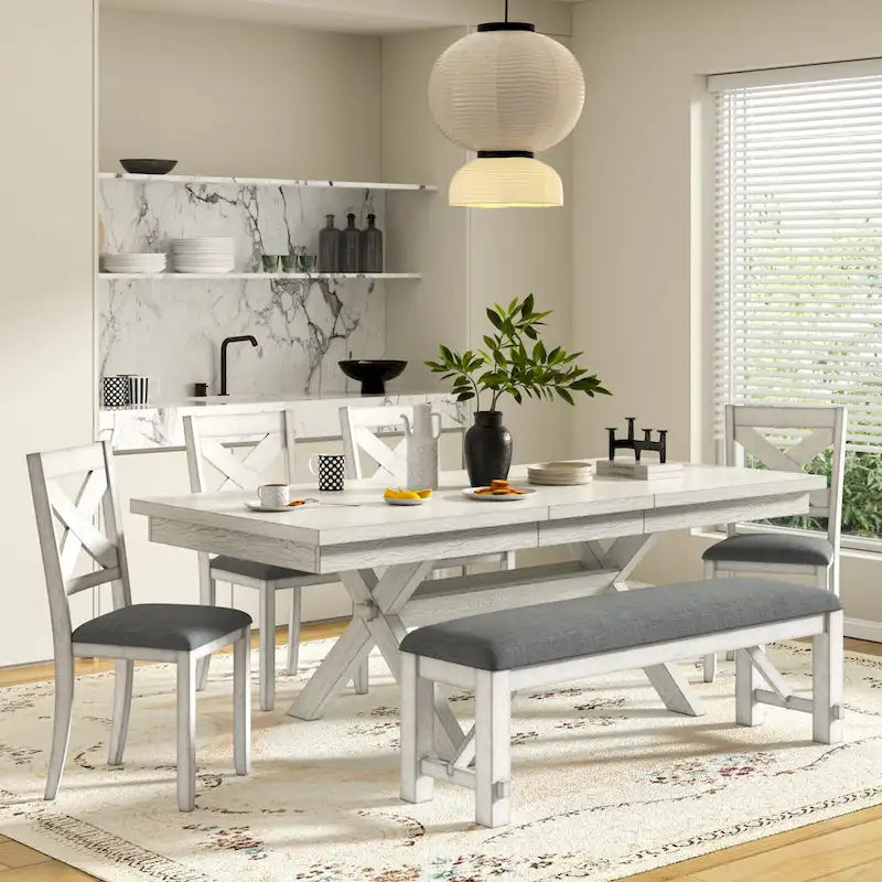 VECELO Juego de Mesa de Comedor con Banco, Mesa de Comedor Rectangular Extensible de Madera Maciza y 4 Sillas de Comedor de Madera Maciza