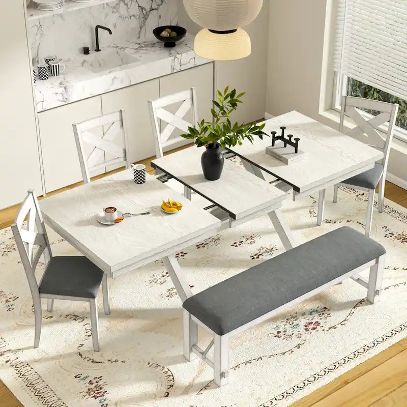 VECELO Juego de Mesa de Comedor con Banco, Mesa de Comedor Rectangular Extensible de Madera Maciza y 4 Sillas de Comedor de Madera Maciza