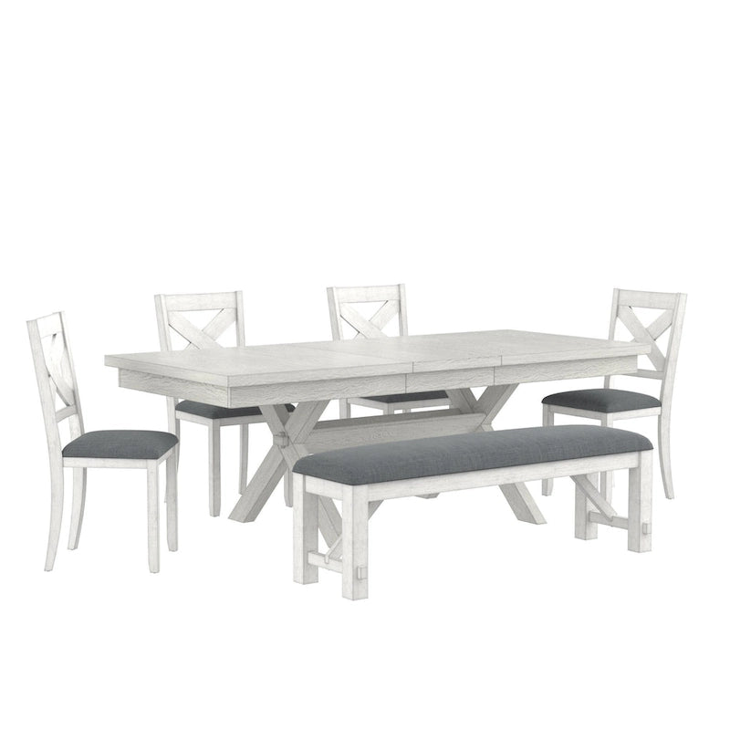 VECELO Juego de Mesa de Comedor con Banco, Mesa de Comedor Rectangular Extensible de Madera Maciza y 4 Sillas de Comedor de Madera Maciza