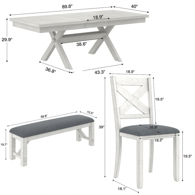 VECELO Juego de Mesa de Comedor con Banco, Mesa de Comedor Rectangular Extensible de Madera Maciza y 4 Sillas de Comedor de Madera Maciza
